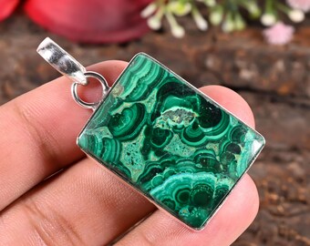 Collier en malachite, pendentif en véritable malachite verte, bijou minimaliste en pierre précieuse, collier en argent sterling et cristal, cadeau pour elle