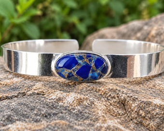 Blue Sapphire Copper Turquoise Cuff Bracelet 925 Sterling Silver, Oval Bangle