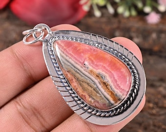 Pendentif en argent avec pierres précieuses naturelles de rhodochrosite - Collier de pierres précieuses naturelles pour lui offrir