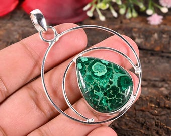 Collier en malachite, pendentif en véritable malachite verte, bijou minimaliste en pierre précieuse, collier en argent sterling et cristal, cadeau pour elle
