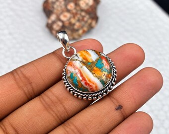 Colgante de ostra espinosa, colgante de turquesa y cobre, collar de plata 925 con piedras preciosas, colgante llamativo estilo bohemio, dije minimalista, regalo para ella.