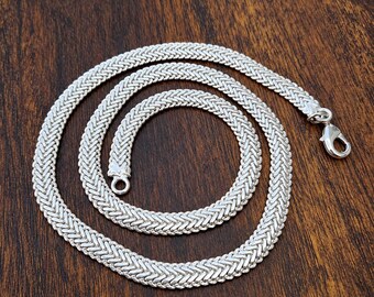 Cadena de plata de ley 925 con diseño de espiga, cadena plana texturizada con forma de serpiente, cadena de plata trenzada, regalo de joyería minimalista para mujer.