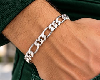925 Sterling Silver Men's Figaro Chain Bracelet, Handamde Silver Link Chain Bracelet For Him