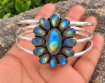 Brazalete de labradorita: Joyería de plata de ley 925 con piedras preciosas, brazalete de labradorita con brillo natural, joyería llamativa, regalo para ella.