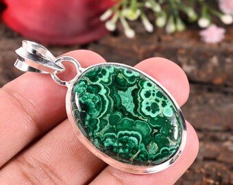 Collier en malachite, pendentif en véritable malachite verte, bijou minimaliste en pierre précieuse, collier en argent sterling et cristal, cadeau pour elle