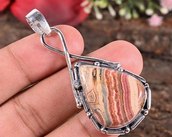 Pendentif en argent avec pierres précieuses naturelles de rhodochrosite - Collier de pierres précieuses naturelles pour lui offrir