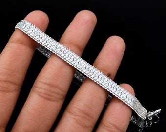 Pulsera de plata de ley 925 con diseño de espiga, cadena plana texturizada tipo serpiente, pulsera de cadena trenzada de plata, regalo de joyería minimalista para mujer.