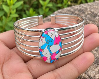 Brazalete Cotton Candy Copper Turquoise, brazalete de plata 925, pulsera de piedras preciosas rosas y azules, brazalete estilo boho, brazalete ajustable, regalo para ella.