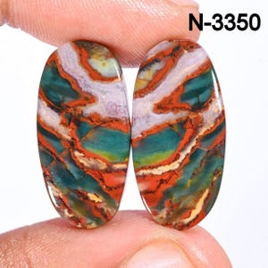 May include: Two oval gemstones with a distinctive pattern. The stones display a blend of colours, including deep teal, rusty orange, cream, and white, creating a striking visual effect. The gemstones are held between fingers, showcasing their polished surfaces and natural beauty. The text "N-3350" is visible.