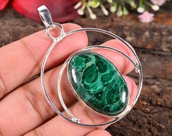 Collier en malachite, pendentif en véritable malachite verte, bijou minimaliste en pierre précieuse, collier en argent sterling et cristal, cadeau pour elle