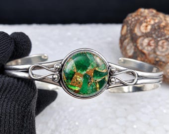 Brazalete de esmeralda verde, brazalete de turquesa color cobre, brazalete de plata 925, pulsera abierta de piedras preciosas hecha a mano, joyería llamativa estilo bohemio, regalo para ella.