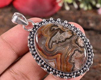 Pendentif en agate Crazy Lace naturelle, collier en pierre précieuse à bandes naturelles, bijou bohème en cristal de guérison, cadeau unique pour elle, pierre de protection