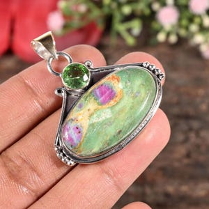 Natural Sterling Silver Ruby Fuchsite Pendant with faceted peridot Gemstone Necklace For Gift