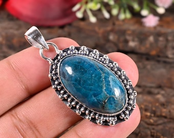 Pendentif en argent avec pierres précieuses d'apatite bleue néon naturelle – Collier de pierres précieuses naturelles pour lui offrir