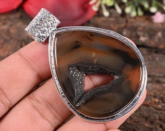 Pendentif en argent avec pierres précieuses naturelles d'agate du Montana - Collier de pierres précieuses naturelles pour lui offrir