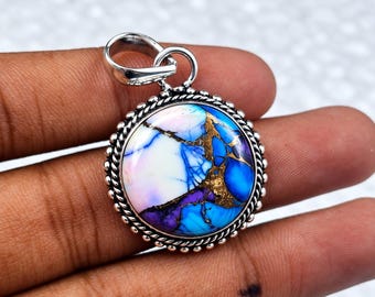 Colgante de dalia azul hielo, colgante de turquesa de cobre, collar de plata 925 con piedras preciosas, colgante estilo boho, dije minimalista, regalo para ella.