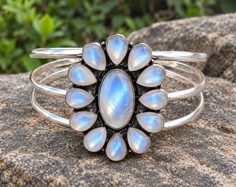 Brazalete de piedra lunar arcoíris - Brazalete de plata de ley 925 - Joyería artesanal con piedras preciosas