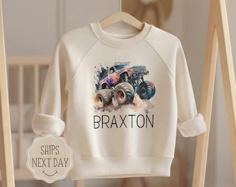Personalized Monster Truck Toddler Sweatshirt, Custom Monster Truck Shirt, Boys Offroad Crewneck, Retro Kids Pullover, Natural Toddler Shirt