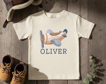 Airplane Toddler Shirt Personalized Name Kids TShirt Aviation Boy Outfit Custom Airplane Tee Natural T-Shirt For Kids Cute Pilot Gift