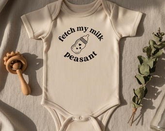 Fetch My Milk Peasant Baby Bodysuit, Funny Baby Shower Gift, Cute Infant Outfit, Retro Baby Clothes, Newborn Baby Gift, Natural Baby Romper