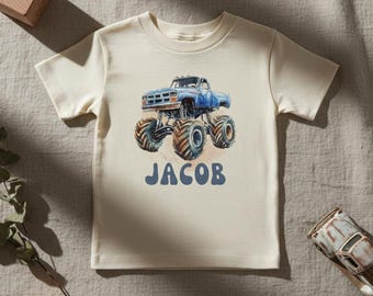 Personalized Monster Truck Shirt Kids Retro Toddler T-Shirt Custom Name Natural Toddler Truck Shirt Boys Birthday Gift Offroad Kids Tee