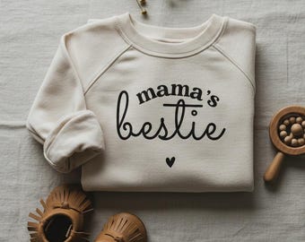 Mama's Bestie Toddler Sweatshirt, Retro Mother's Day Gift, Cute Kids Crewneck Pullover, Natural Toddler Sweatshirt, Mama and Mini Outfit