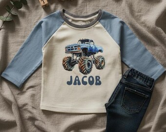 Personalized Monster Truck Toddler Raglan Shirt Custom Name Kids Retro Crewneck Pullover Natural Birthday Gift Truck Lover Outfit Boys Shirt