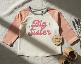 Big Sister Toddler Raglan Shirt for Baby Announcement Gift, Retro Big Sis T-Shirt, Sibling Reveal Shirt, Toddler Girl Outfit Kids Tee