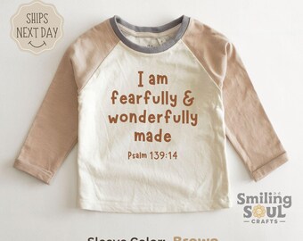 I Am Fearfully and Wonderfully Made Raglan Shirt, Christian Toddler Tee, Bible Verse Kids Shirt, Religious Kids Gift, Retro Faith Shirt