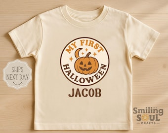 Personalized My First Halloween Toddler T-Shirt, Custom Name Kids Fall Outfit, Retro Pumpkin Halloween Shirt for Boys and Girls Tee