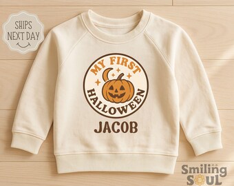 Personalized My First Halloween Toddler Sweatshirt, Custom Name Kids Fall Crewneck, Retro Pumpkin Pullover for Boys and Girls Shirt