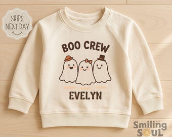Personalized Boo Crew Toddler Sweatshirt with Custom Name, Cute Retro Fall Ghost Pullover for Kids Halloween Crewneck Shirt for Boys & Girls