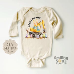 Funny Eggs-Cavator Toddler T-Shirt, Boys Easter Shirt, Kids Easter Tee, Retro Tractor Shirt, Natural Crewneck, Easter Day Shirt Gift