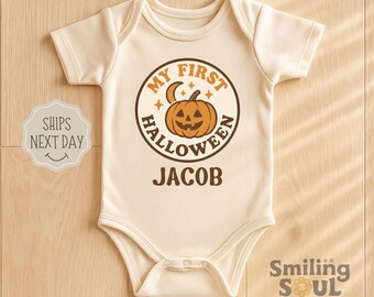 Personalized My First Halloween Baby Bodysuit, Custom Name Fall Outfit, Retro Pumpkin Baby Shower Gift, Newborn Halloween Costume