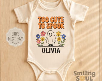Too Cute To Spook Baby Girl Bodysuit Halloween Ghost Outfit Fall Newborn Clothes Retro Baby Shower Gift Custom Name Infant Outfit