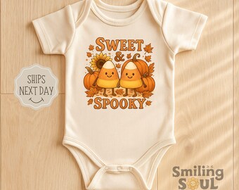 Sweet and Spooky Baby Bodysuit, Cute Fall Halloween Baby Outfit with Candy Corn and Pumpkins, Retro Autumn Clothes for Newborn Infant