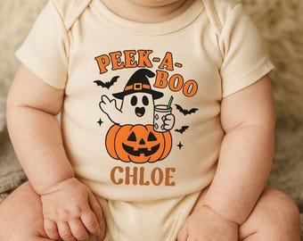 Personalized Peek-A-Boo Baby Bodysuit, Custom Name Halloween Baby Outfit with Ghost and Pumpkin, Cute Fall Retro Newborn Baby Gift