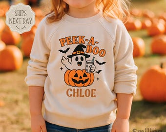 Personalized Peek-A-Boo Toddler Sweatshirt, Custom Name Kids Halloween Ghost Pullover, Cute Retro Fall Pumpkin Crewneck for Boys Girls