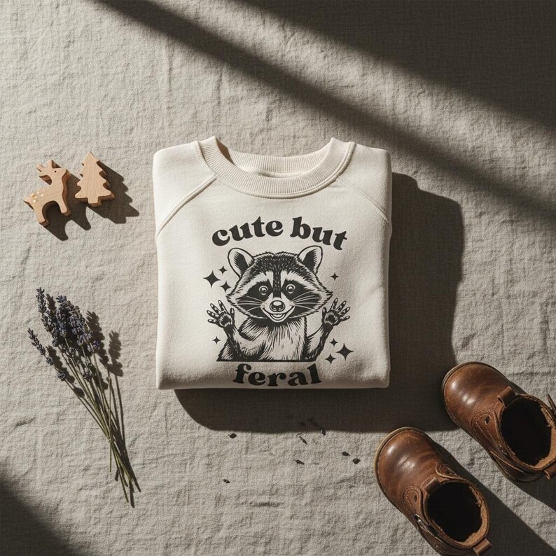 Cute But Feral Toddler Sweatshirt, Funny Raccoon Pullover, Retro Crewneck, Kids Meme Shirt, Cute Toddler Clothes, Natural Animal Graphic Tee image 3