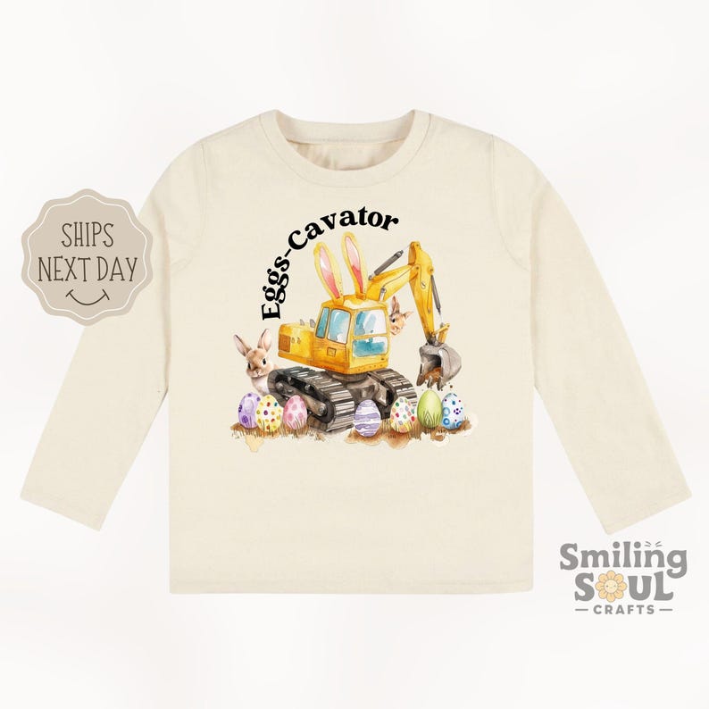 Funny Eggs-Cavator Toddler T-Shirt, Boys Easter Shirt, Kids Easter Tee, Retro Tractor Shirt, Natural Crewneck, Easter Day Shirt Gift