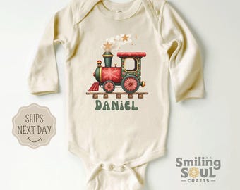 Personalized Baby Boy Christmas Bodysuit Custom Baby Outfit with Name Baby Christmas Gift Newborn Boy Clothes Holiday Train Design