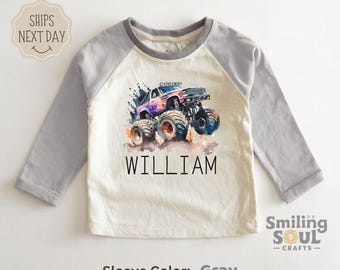 Personalized Monster Truck Raglan Shirt for Toddlers, Custom Name Boy's Tee, Retro Natural Tee, Cute Kids Birthday Gift, Monster Truck Lover