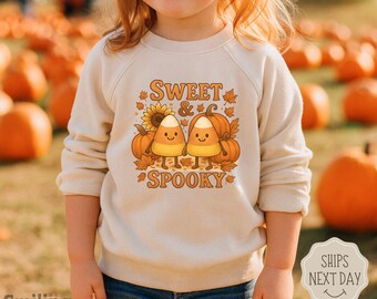 Sweet and Spooky Toddler Sweatshirt, Kids Halloween Candy Corn Pullover, Cute Fall Pumpkin Crewneck, Retro Autumn Outfit for Boys Girls