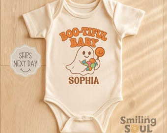 Custom Name Halloween Baby Bodysuit, Boo-tiful Baby Ghost Outfit, Cute Fall Baby Clothes, Personalized Baby Shower Gift, Cute Baby Halloween