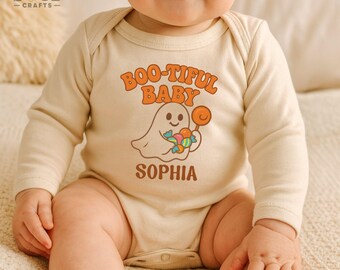 Personalized Boo-tiful Baby Bodysuit, Custom Name Halloween Baby Outfit, Cute Ghost Fall Baby Shower Gift, Retro Baby Clothes
