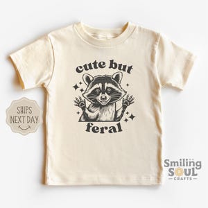 Funny Raccoon Toddler T-Shirt - Cute But Feral Kids Tee, Retro Animal Meme Shirt, Funny Graphic Tee for Boys & Girls, Natural Kids Clothes