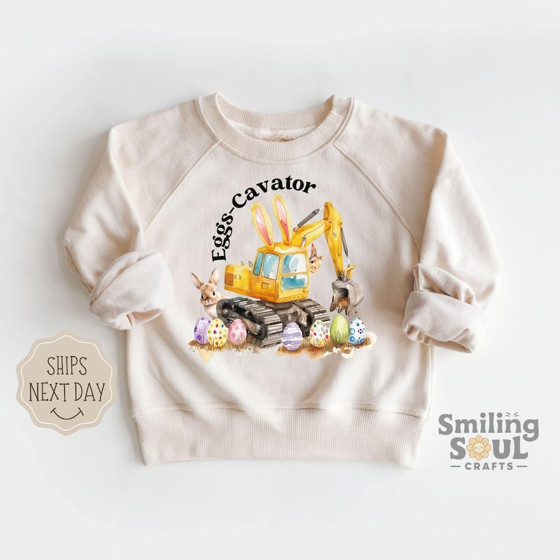 Funny Eggs-Cavator Toddler T-Shirt, Boys Easter Shirt, Kids Easter Tee, Retro Tractor Shirt, Natural Crewneck, Easter Day Shirt Gift