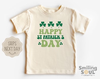 Happy St. Patrick's Day Toddler T-Shirt, Retro Natural Kids Tee, Shamrock St. Patrick's Day Shirt for Kids, Boys Girls Irish Holiday Outfit