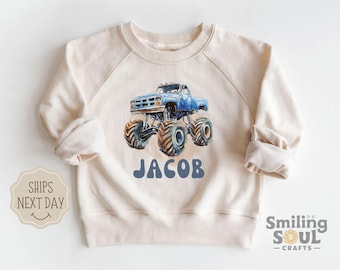 Personalized Toddler Monster Truck Sweatshirt Retro Natural Crewneck Custom Name Kids Pullover Truck Lover Gift Birthday Outfit