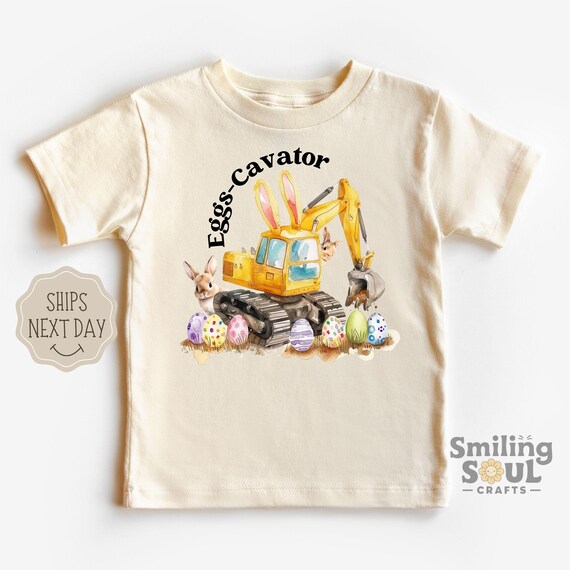 Funny Eggs-Cavator Toddler T-Shirt, Boys Easter Shirt, Kids Easter Tee, Retro Tractor Shirt, Natural Crewneck, Easter Day Shirt Gift